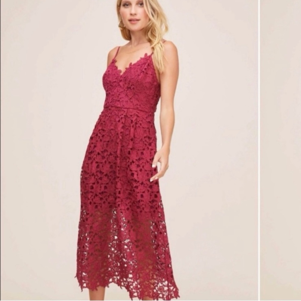 ASTR The Label berry red floral lace A-line midi see through skirt evening dress